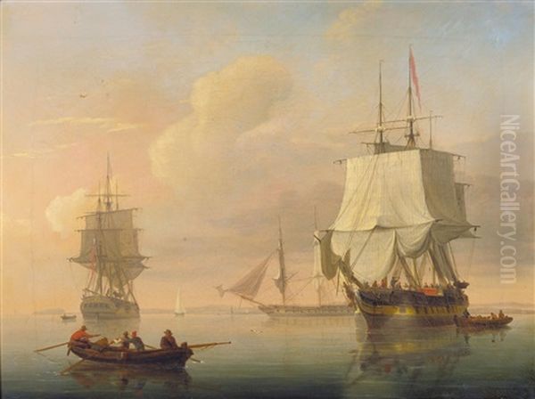 Frigates And Other Vessels Anchored Off A Coastline Oil Painting by Joseph Walter