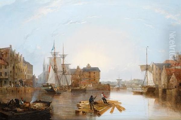 A Sunlit Harbor Oil Painting by Joseph Walter