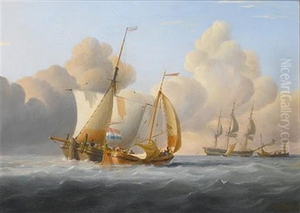 Dutch Coastal Traders Exchanging News At Sea Oil Painting by Joseph Walter