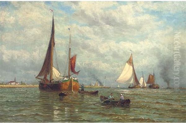 Barges On The Scheldt, Early Evening Oil Painting by George Stanfield Walters