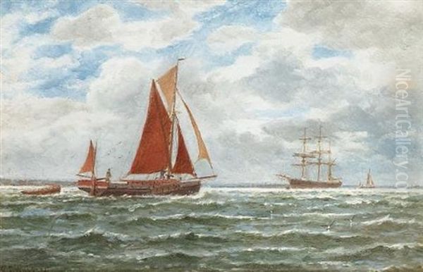 Barge Going Down The Thames (+ Dutch Boats On The Maas, Holland; 2 Works) Oil Painting by George Stanfield Walters