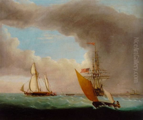 A Frigate Anchored Amidst Other Shipping Oil Painting by Miles Walters