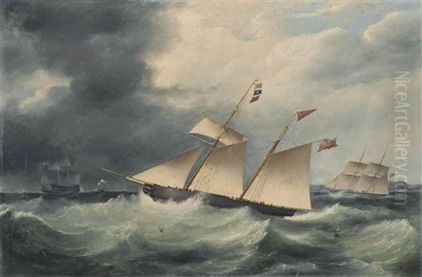 A Two-masted Schooner Yacht Bearing South In Choppy Seas And Passing The Entrance To Cork Harbour, With Other Shipping, Including A Naval Two-decker, Close By Oil Painting by Samuel Walters