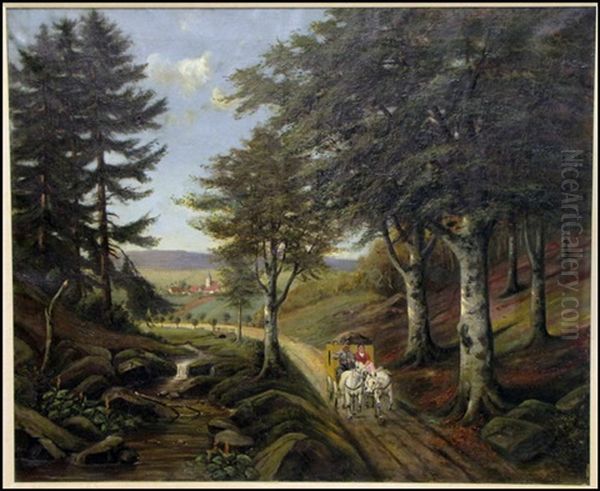 Carriage Along A Wooded Path Oil Painting by Carl Walther