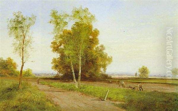 Pflugender Bauer, Im Hintergrund Blick Auf Munchen (?) Oil Painting by Max Walther