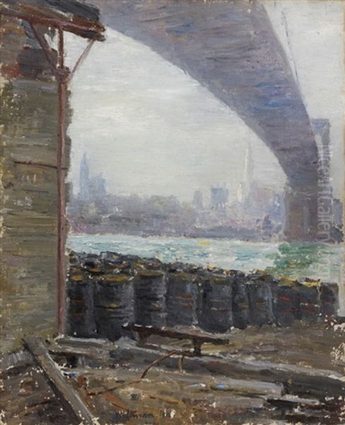 Brooklyn Bridge Scene Oil Painting by Harry Franklin Waltman