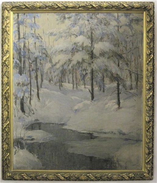 Winter Forested Landscape With A Stream In The Foreground Oil Painting by Harry Franklin Waltman