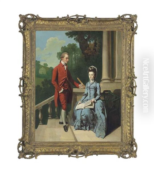 Portrait Of James Nelthorpe And His Sister Ann (b. 1755), Later Mrs John White, Small Full-lengths, He In A Red Coat And Breeches, And She Seated In A Slate Dress With An Open Book Of Music, A Wooded Landscape Beyond Oil Painting by Henry Walton