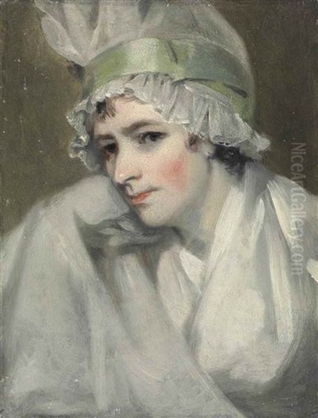 Portrait Of A Lady, Bust-length, In A White Gown And Mob Cap Trimmed With A Wide Green Satin Ribbon Oil Painting by Henry Walton