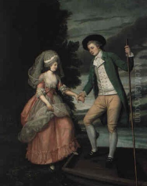 Courting Couple By A Punt Oil Painting by Henry Walton