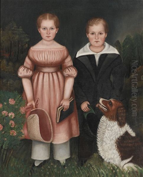 Portrait Of Two Children And A Red And White Setter Oil Painting by Henry Walton