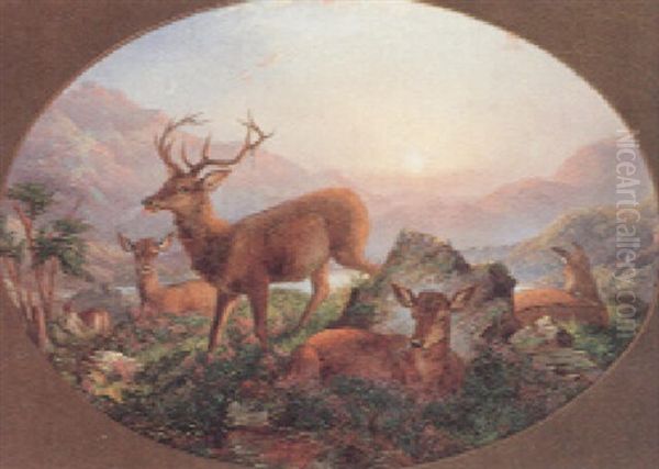 Hirsch Mit Rottier Und Kalbern An Einem See Oil Painting by James Trout Walton