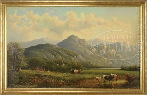 Cows At Watering Hole In A Mountainous Landscape Oil Painting by William Walton