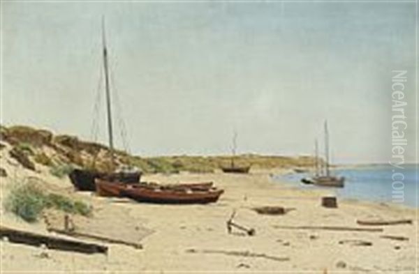 Danish Coastal Scape With Fishing Boats On The Beach Oil Painting by William Wandahl