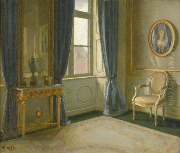 Interieur Eines Salons Mit Blauen Vorhangen Oil Painting by Elisabeth Moeller Wandel