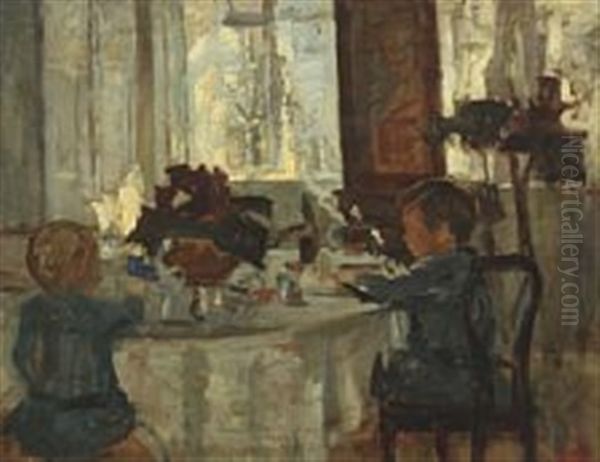 Frokostbordet, Interior Oil Painting by Sigurd Wandel