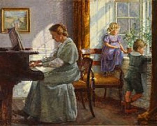 Interior With A Mother And Her Children Oil Painting by Sigurd Wandel