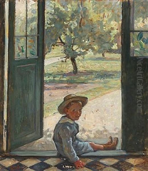 Little Boy In A Doorway With A View To The Garden Oil Painting by Sigurd Wandel