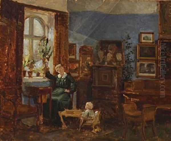 Interior With Mother And Child Oil Painting by Sigurd Wandel