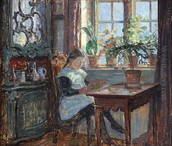 Interior With A Girl Reading At A Table Oil Painting by Sigurd Wandel