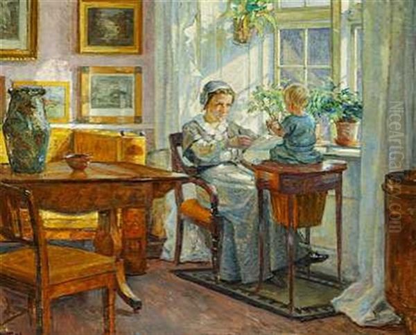 Interior. En Mor Leger Med Sin Son Oil Painting by Sigurd Wandel