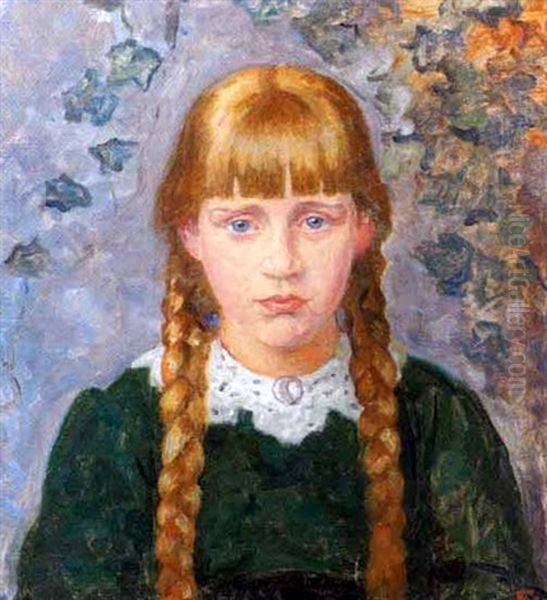 Portrait Of A Young Girl With Braided Hair Oil Painting by Sigurd Wandel