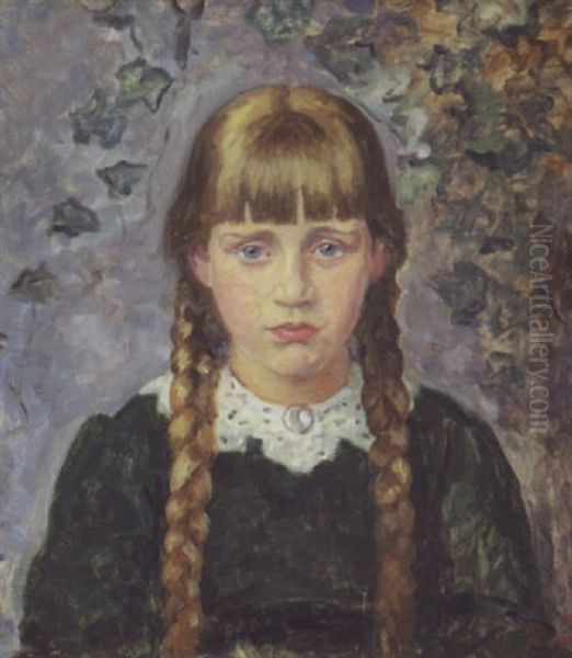 Portrait Of A Young Danish Girl With Braids Oil Painting by Sigurd Wandel