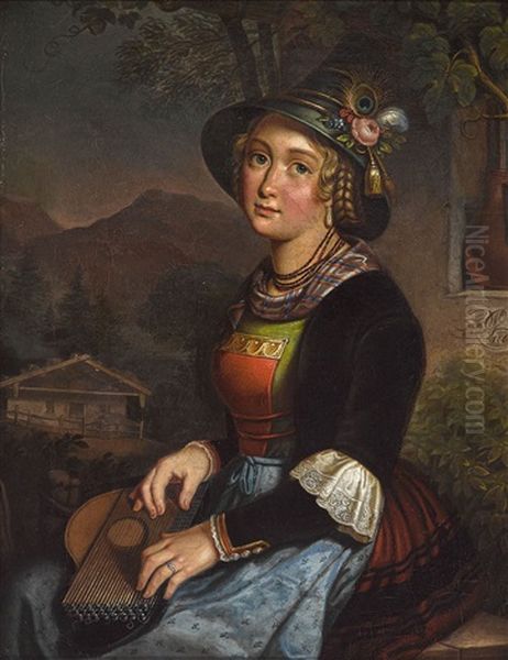 Dirndl Aus Dem Oberland Mit Zither Oil Painting by Georg Wilhelm Wanderer