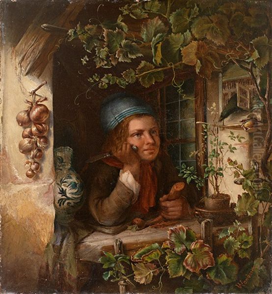 Knabe Blickt Aus Efeuberanktem Fenster Oil Painting by Georg Wilhelm Wanderer