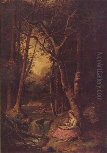 A Woman Sketching Along A Forest Brook Oil Painting by Juan Buckingham Wandesforde