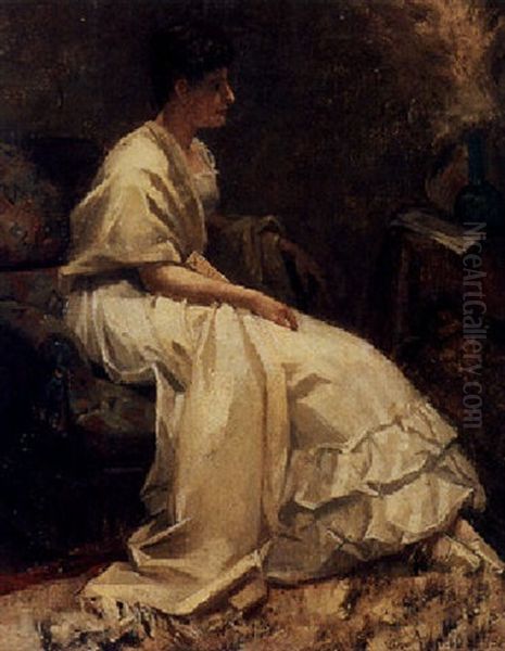 A Lady In A White Evening Gown Oil Painting by Marie Wandscheer