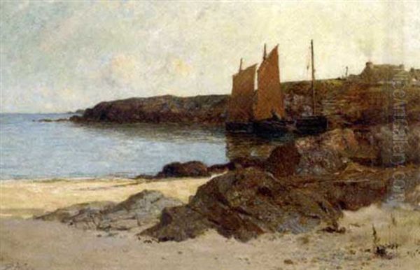 A Rocky Beach With Boats Beyond Oil Painting by Richard Wane