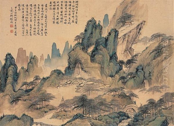 Houhai In Huangshan Mountain Oil Painting by  Wang Caibai