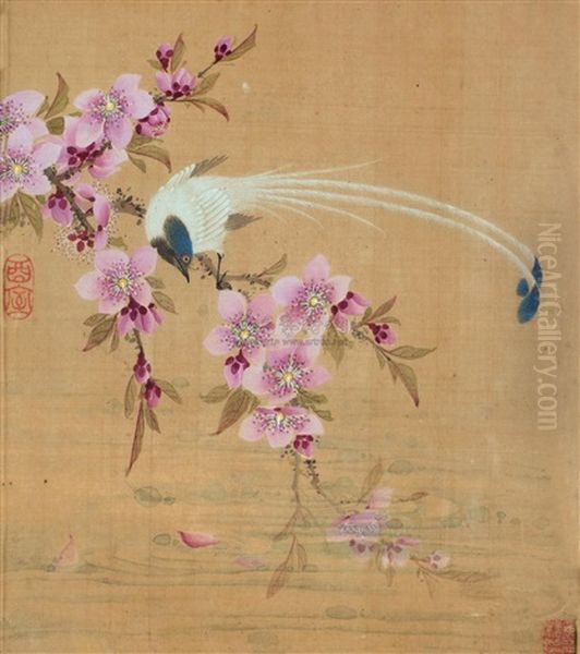 Bird And Peach Blossoms Oil Painting by  Wang Guxiang