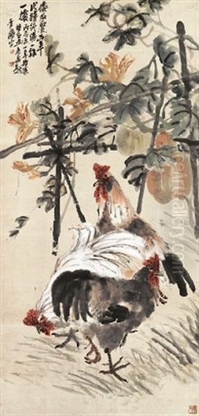 Roosters Oil Painting by  Wang Mengbai