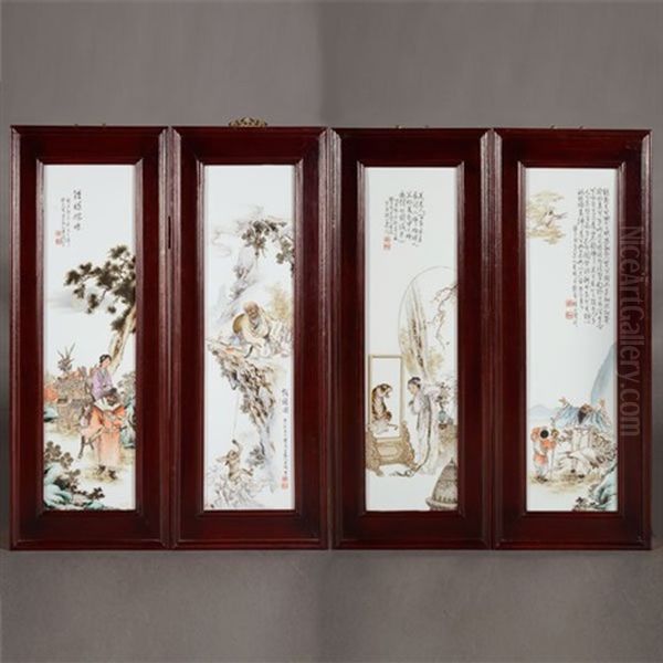 A Set Of Four Famille Rose Porcelain Plaques Oil Painting by  Wang Qi