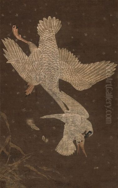 Falcon Attacking Goose Oil Painting by  Wang Shen