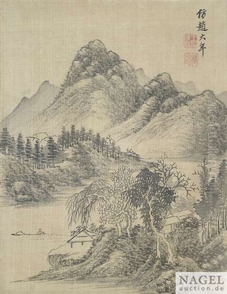 Landschaft Im Literatenstil, Albumblatt, Tusche Auf Seide Oil Painting by  Wang Shimin