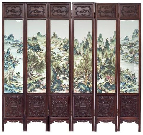 Six-panel Floor Screen Inset With Plaques (in 6 Parts) Oil Painting by  Wang Yeting