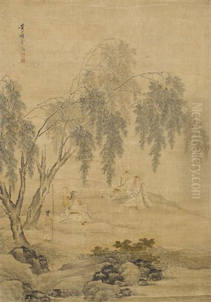 Four Scholars Under Willow Oil Painting by  Wang Yun