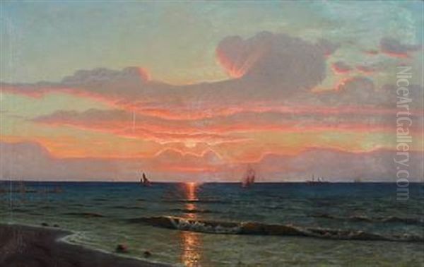 Coastal Scenery With Ships At The Sea At Sunset Oil Painting by Albert Evard Wang