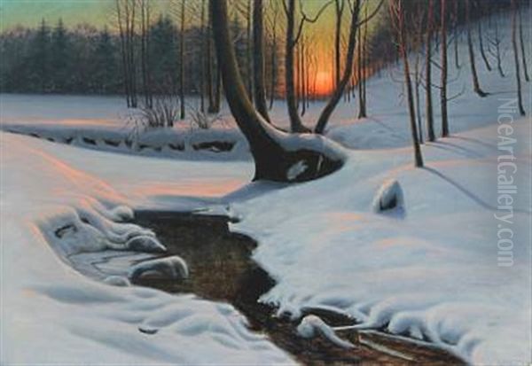 Wintry Landscape With Sunset Oil Painting by Albert Evard Wang