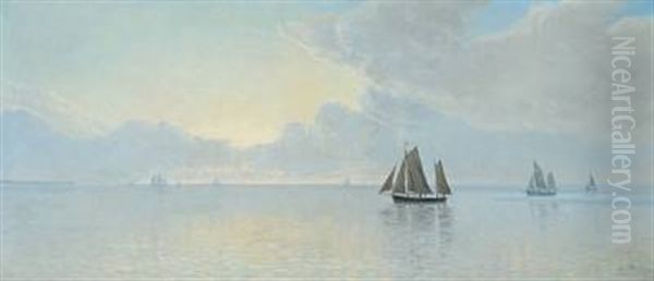 Scenery From Horsens Inlet With Ships At Sea, On A Quiet Day Oil Painting by Albert Evard Wang