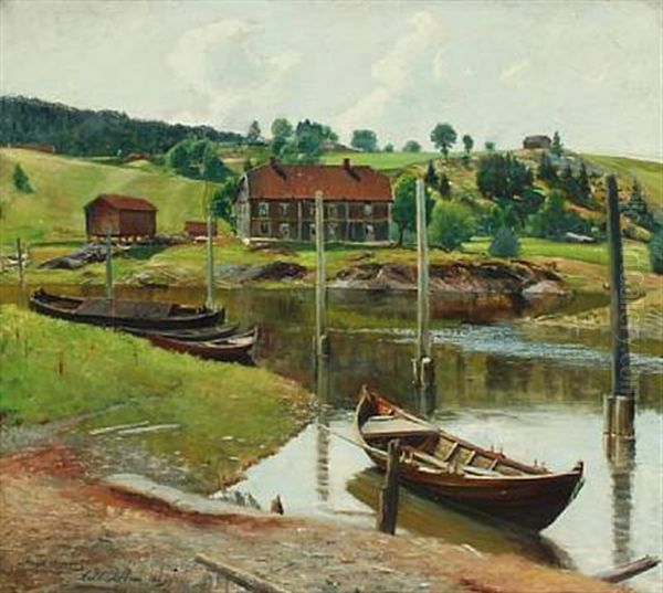 Scene With Mooring From Lillestrom, Norway Oil Painting by Jens Waldemar Wang