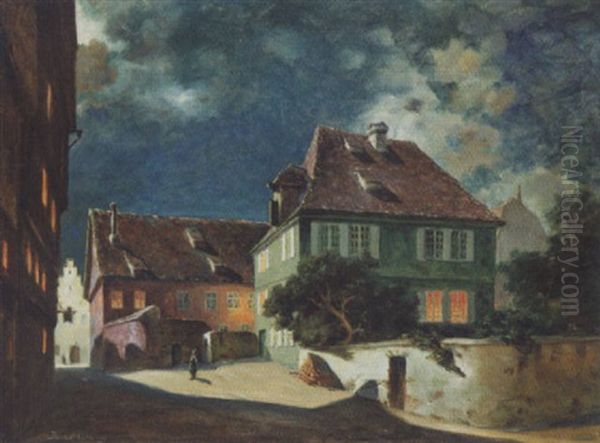 Norsk Gadeparti Med Huse Og Figurer Ved Aftentide, Antagelig Bergen Oil Painting by Jens Waldemar Wang