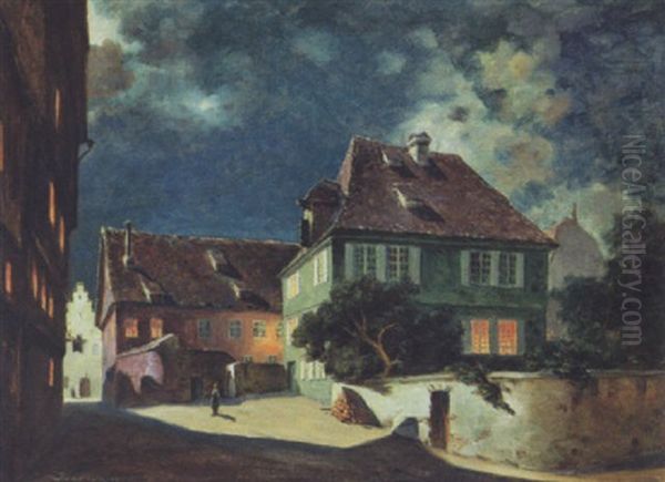 Norsk Gadeparti Med Huse Og Personer Ved Aftentide, Antagelig Fra Bergen Oil Painting by Jens Waldemar Wang