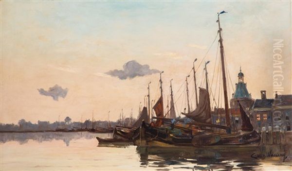 Stadshaven Bij Zonsondergang Oil Painting by Kees Van Waning