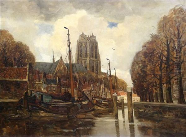 Gezicht Op Nieuwe Haven En Grote Kerk Te Dordrecht Oil Painting by Kees Van Waning