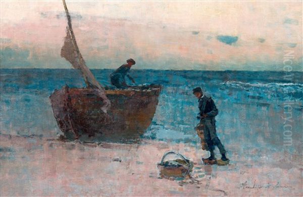 Fishermen On The Shore Oil Painting by Wladyslaw Wankie