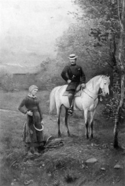 A Chance Meeting / Genre Scene With Peasant Woman And Horseman Oil Painting by Wladyslaw Wankie